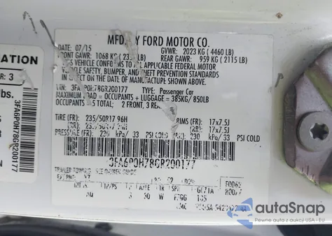 2016 Ford Fusion Se z USA, uszkodzony, nr VIN 3FA6P0H78GR200177